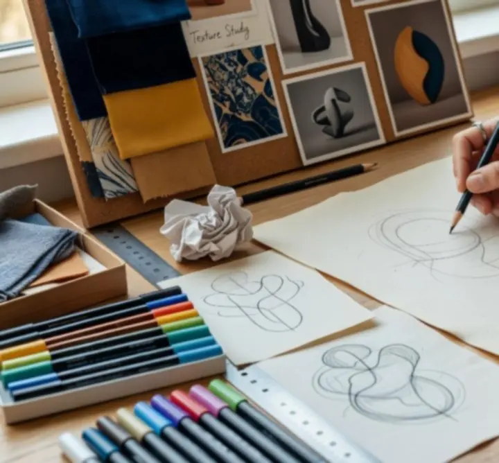 Artistic concepts in progress at MUZA LAB LTD's studio, with sketches, materials, and digital screens.