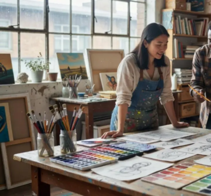 Creative team at MUZA LAB LTD collaborating in the studio around artworks and materials.