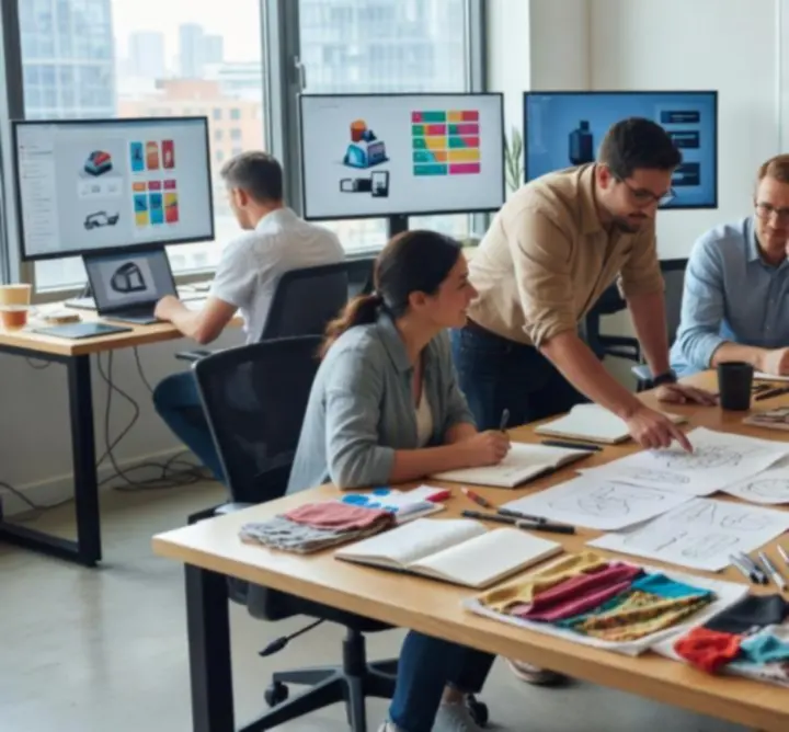 Artists and designers collaborating around a creative workflow in the MUZA LAB studio