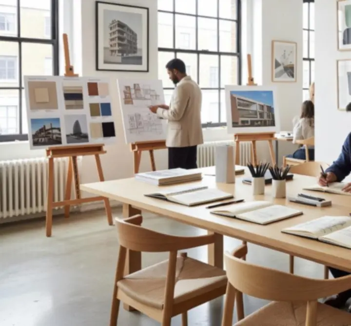Contemporary creative workspace inside MUZA LAB LTD with curated materials and lighting