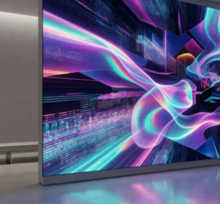 Digital art and motion visuals by MUZA LAB LTD displayed across multiple screens.