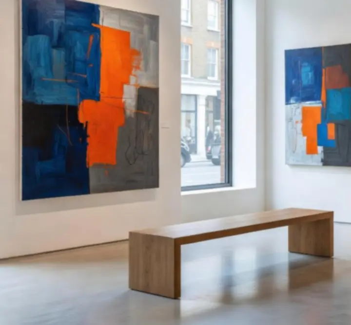 Dimly lit studio gallery space featuring contemporary artworks curated by MUZA LAB LTD.